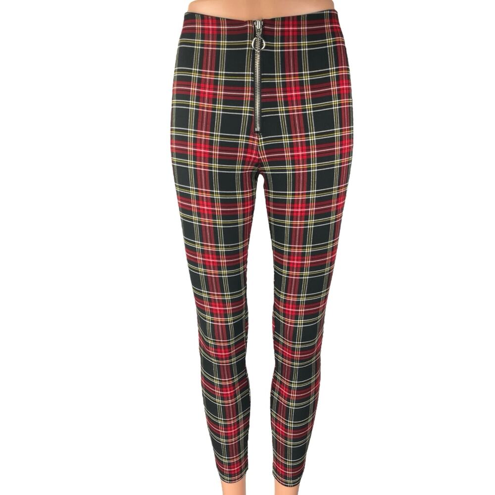 Zara Women's Red Plaid Checkered Zipper Front Skinny High Rise Legging Pants S